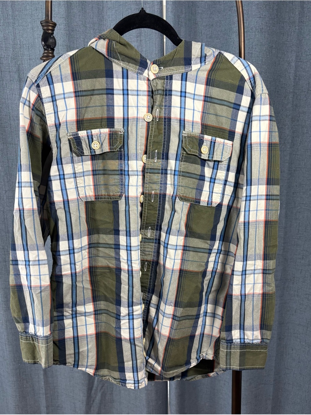 GAP Green Blue White Plaid Hooded Button-Down Shirt